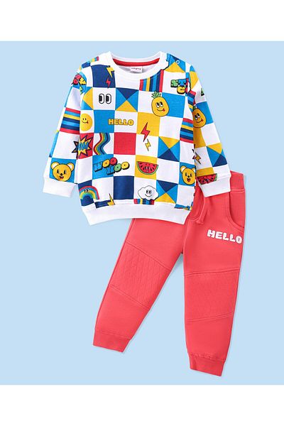 Babyhug 100% Cotton Full Sleeves T-Shirt & Lounge Pants With Text Print - White Red & Blue