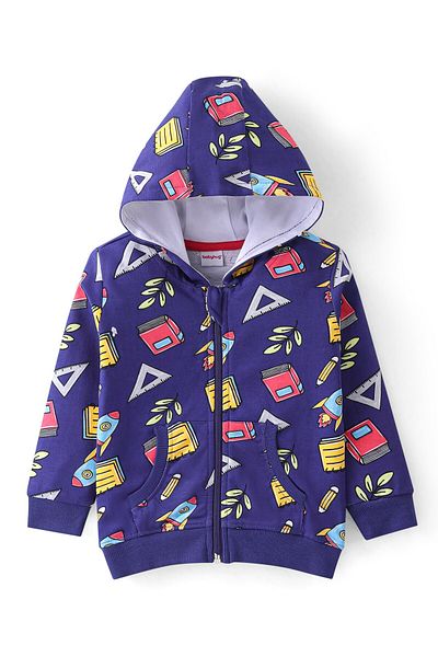 Babyhug 100% Cotton Terry Knit T-Shirt & Lounge Pant Set with Full Sleeves Hoodie Books Print - Blue