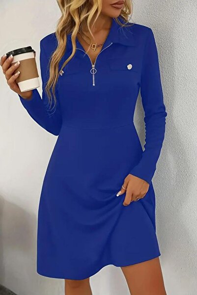 Deafox Saks Blue Imported Crepe Fabric Dress with Long Sleeve Neckline Zipper and Pockets