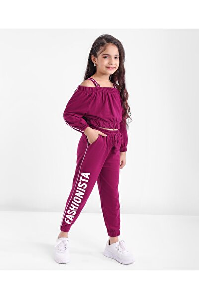 Ollington St. Ollington St. 100% Cotton Knit Off-Shoulder Full Sleeves Top & Culottes Pant Set - Maroon