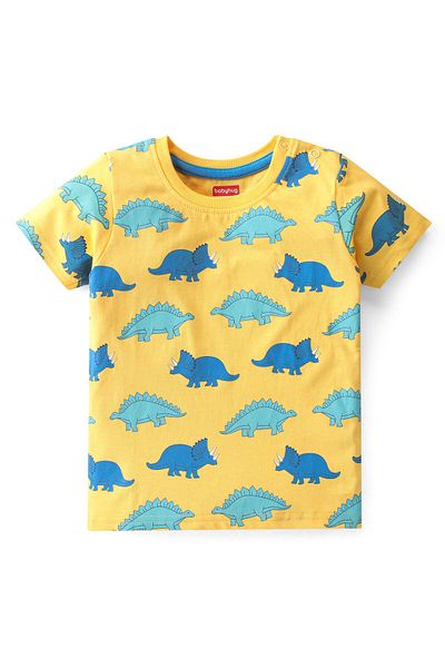 Babyhug Cotton Knit Half Sleeves Dino Printed T-Shirt & Shorts Set - Yellow & Blue