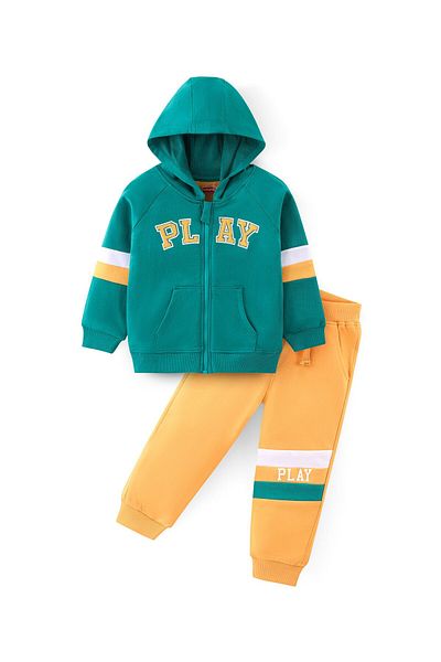 Babyhug 100% Cotton Knit Full Sleeves Hooded Sweatjacket & Lounge Pant  - Green & Yellow