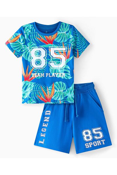Ollington St. Ollington St. 100% Cotton Knit Half Sleeves Number & Leaf Printed T-Shirt & Shorts Set - Blue