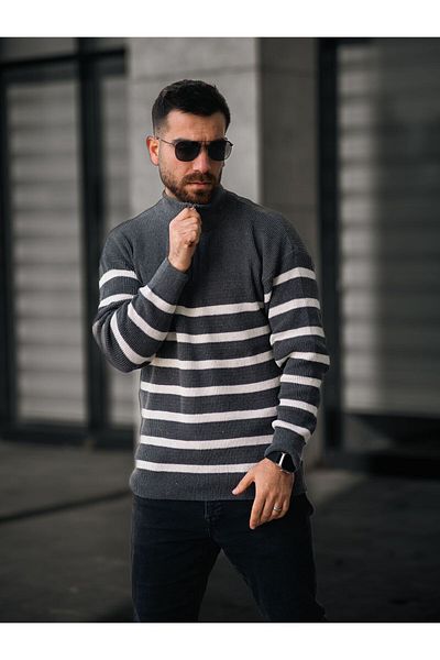 Know Anthrazitfarbener, weißer Strickpullover mit halbem Reißverschluss und Stehkragen für Herren