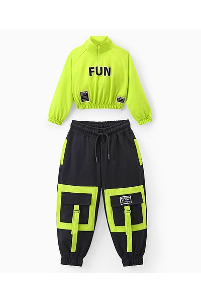 Ollington St. Ollington St. 100% Cotton Knit Sleeves Front Zipper Sweatshirt & Joggers Set -Neon Green & Black