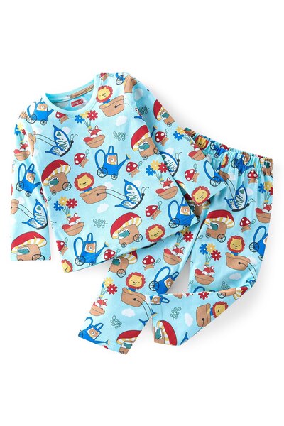 Babyhug Cotton Single Jersey Knit Full Sleeves Lion Print Nightsuit - Blue