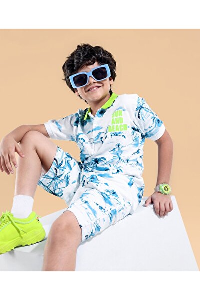 Ollington St. Ollington St. 100% Cotton Knit Half Sleeves Polo T-Shirt & Shorts/Co-ord Set Tropical Print – White