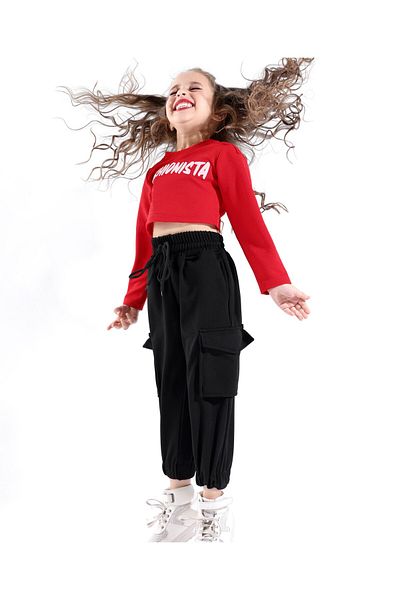 Ollington St. Ollington St. - Waffle Full Sleeves Top & Cargo Joggers Set With Text Print - Red & Black