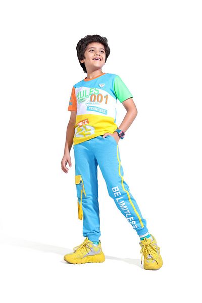 Ollington St. Ollington St. 100% Cotton Knit Half Sleeves T-Shirt & Jogger Set with Text Print – Multicolor