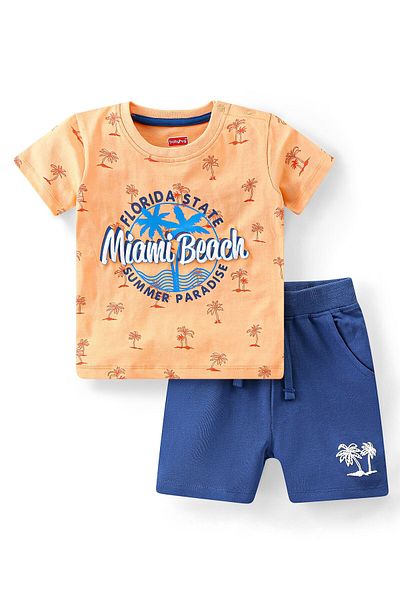 Babyhug Single Jersey Knit Half Sleeves T-Shirt & Shorts Set Beach Theme Print - Orange & Blue