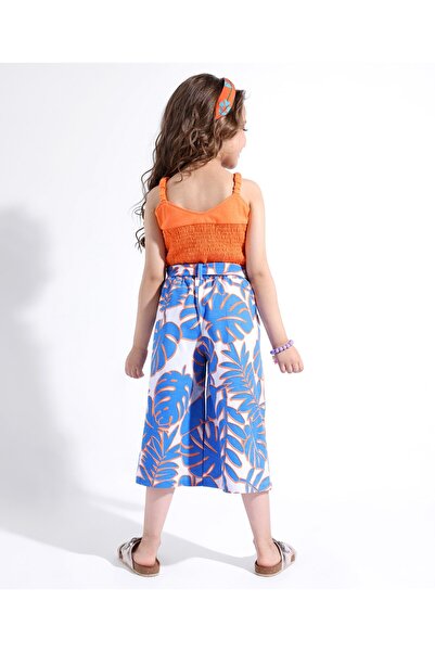 Ollington St. Ollington St. 100% Cotton Sleeveless Top with Frill & Tropical Printed Culottes Set - Orange & Blue
