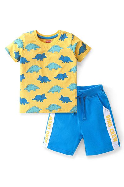 Babyhug Cotton Knit Half Sleeves Dino Printed T-Shirt & Shorts Set - Yellow & Blue