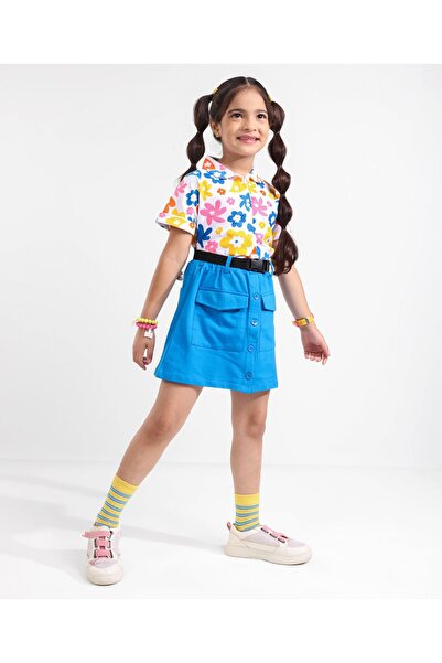 Ollington St. Ollington St. 100% Cotton Half Sleeves Top & Skirt With Floral Print - Blue & White