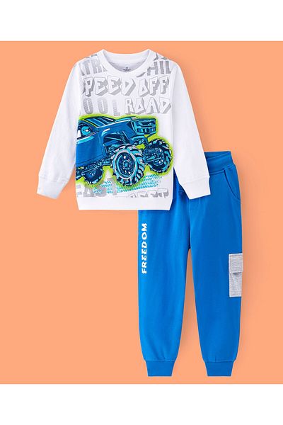 Ollington St. OLLINGTON ST. 100% Cotton Knit Full Sleeves Truck Printed Sweatshirt & Jogger Pants Set-White & Blue