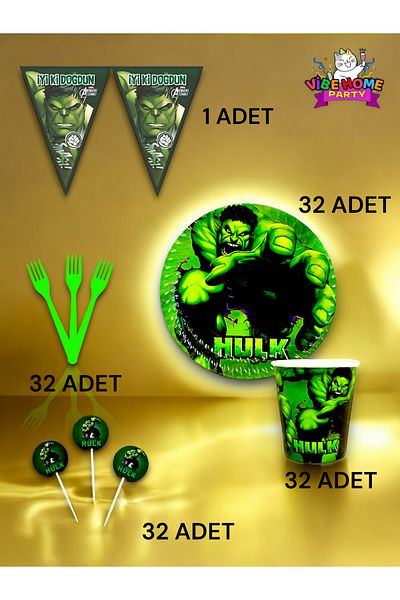 VibeHome Hulk Themed Eco Set for 32 - Birthday Party and Fun Events