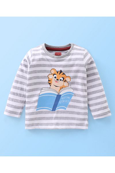 Babyhug Babyhug Single Jersey Full Sleeves Striped T-Shirt & Lounge Pants Set Cub Print - Grey & Maroon Wine