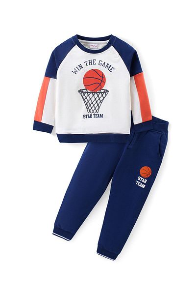 Babyhug Cotton Knit Raglan Sleeves Color Block T-Shirt & Lounge Pants Set Basketball- White & Blue