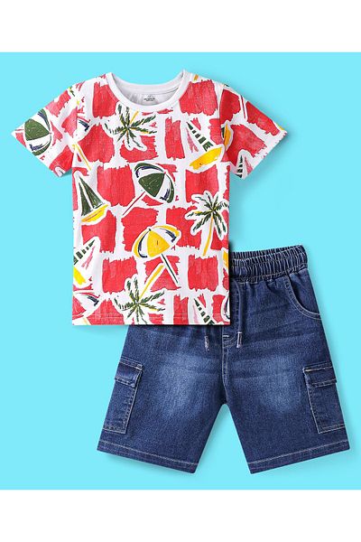Ollington St. Ollington St. 100% Cotton Knit Half Sleeves T-Shirt & Denim Shorts Set with Beach Theme-Red & Indigo