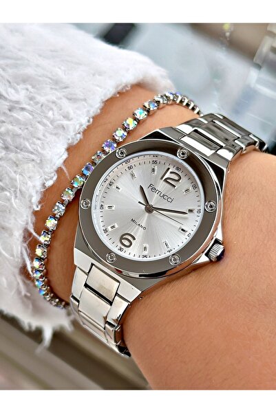 Ferrucci Gümüş Renk Klasik Sade Model  Kadın Kol Saati + BİLEKLİK