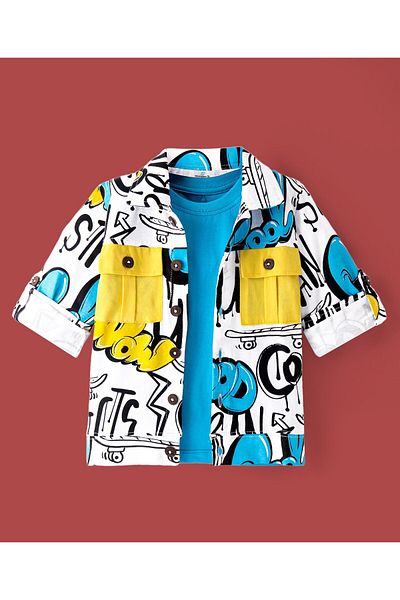 Ollington St. Ollington St. 100% Cotton Knit Full Sleeves Shirt with Inner & Joggers Set Text Print - Multicolor