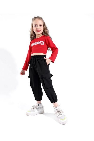 Ollington St. Ollington St. - Waffle Full Sleeves Top & Cargo Joggers Set With Text Print - Red & Black