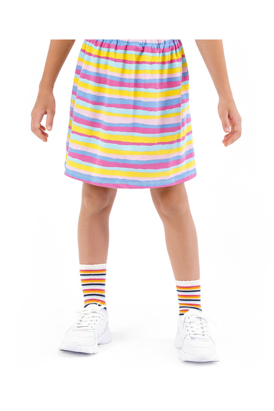 Primo Gino Cotton Elastane Drop Shoulder Foil Print Butterfly T-Shirt with Striped Skirt - Off White