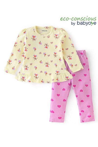 Babyoye Eco Conscious 100% Cotton Full Sleeves Zebra Printed Top & Leggings Set - Yellow & Pink