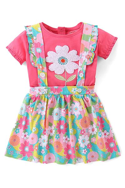 Babyhug 100% Cotton Knit Half Sleeves Top & Skirt Set with Suspender & Floral Print - Pink