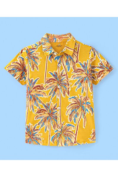 Ollington St. 100% Cotton Knit Half Sleeves Shirt & Shorts Set With Tropical Print -Yellow & Red