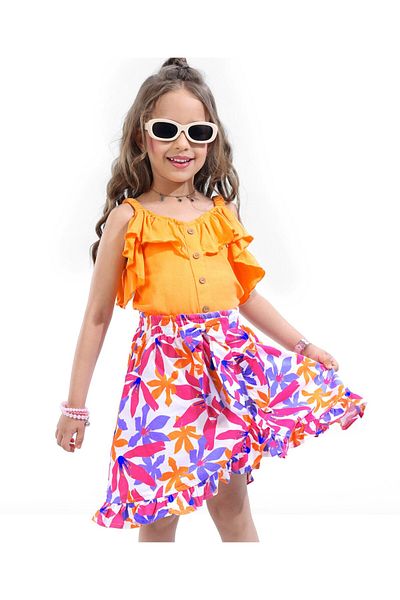 Ollington St. Ollington St. 100% Cotton Sleeveless Ruffled Top & Floral Printed Flared Skirt - Multicolor