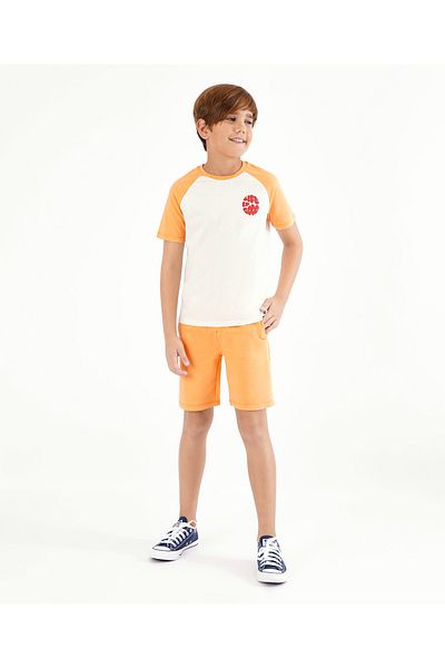 Primo Gino 100% Cotton Half Sleeves T-Shirt & Shorts Set Text Print- Off White & Orange