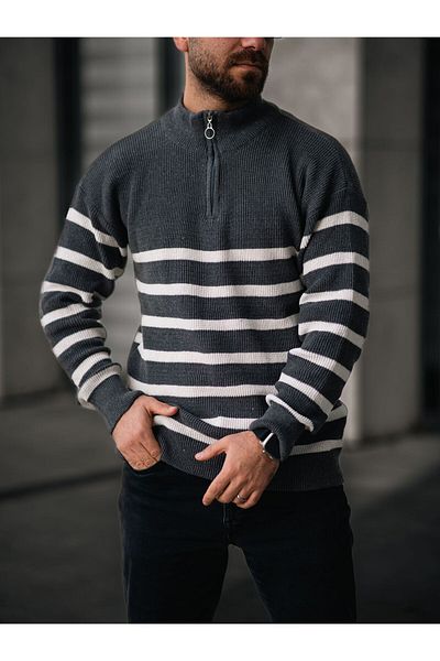 Know Anthrazitfarbener, weißer Strickpullover mit halbem Reißverschluss und Stehkragen für Herren