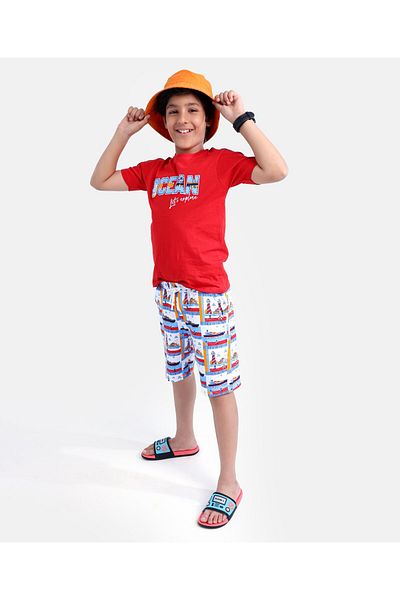 Ollington St. Ollington St. 100% Cotton Knit  T-Shirts & Shorts Set Light House Print  -Red & White
