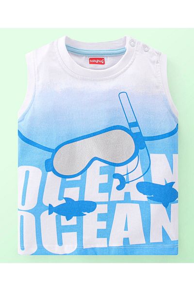Babyhug 100% Cotton Knit Single Jersey Sleeveless T-Shirt & Shorts Ocean Print - White & Blue