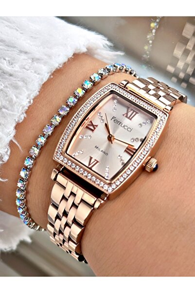 Ferrucci Rose Gold Renk Kare Taşlı Model Çelik Kordon Kadın Kol Saati + BİLEKLİK