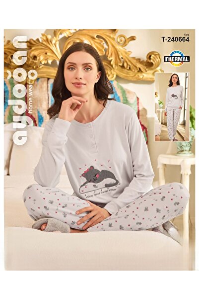 Aydoğan Γυναικείο σετ πιτζάμες σε γκρι χρώμα, θερμικό μακρυμάνικο, με λαιμόκο...