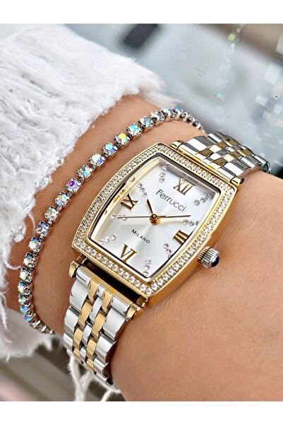 Ferrucci Altın Gümüş Renk Kare Taşlı Model Çelik Kordon Kadın Kol Saati + BİL...