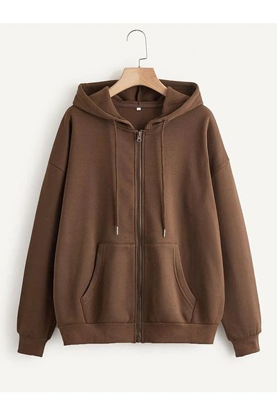 MODARİCH Cardigan de bază simplu cu 3 fire - Cardigan maro de iarnă supradimensionat cu glugă și buzunar cu fermoar