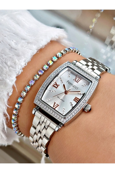 Ferrucci Gümüş Renk Kare Taşlı Model Çelik Kordon Kadın Kol Saati + BİLEKLİK
