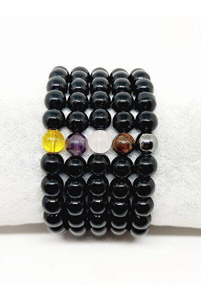Kusakli 5-Piece Natural Stone Men's Bracelet Set (Citrine-Amethyst-Pink Quart...