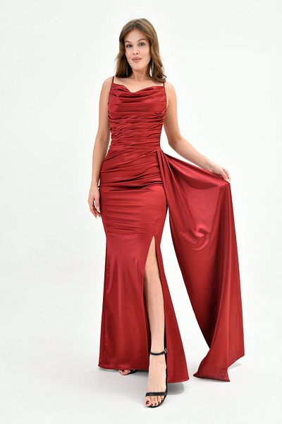 vuvutasarım Burgundy Satin Maxi Evening Dress with Draped Detail and Slit Fish Cut 39461