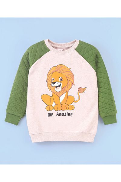 Babyhug سويت شيرت من القطن المحبوك بأكمام راجلان مع تفاصيل لحاف وطبعة رسومات الأسد - لون الشوفان