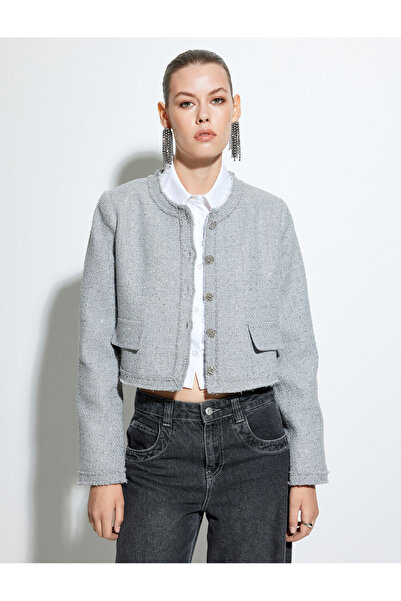Koton Tweed Crop Jacket - kulatý výstřih a kapsa na knoflíky