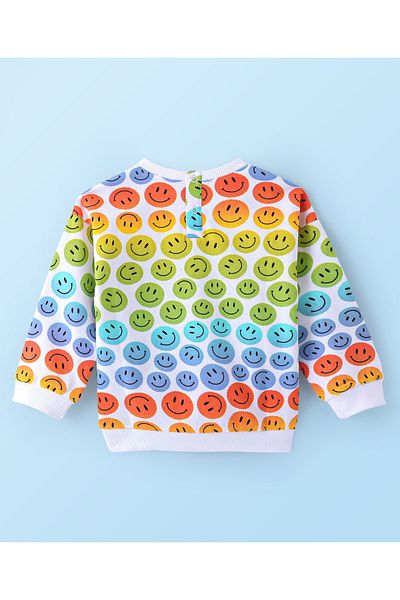 Babyhug سويت شيرت من القطن المحبوك بأكمام طويلة وطبعة إيموجي - أبيض