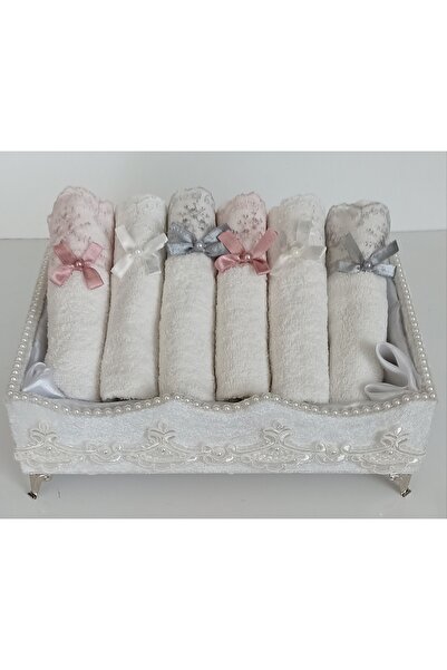 FNT Footed Velvet Guipure Pearl Towel Holder and 6 Pieces of 30*50 cm Cotton ...