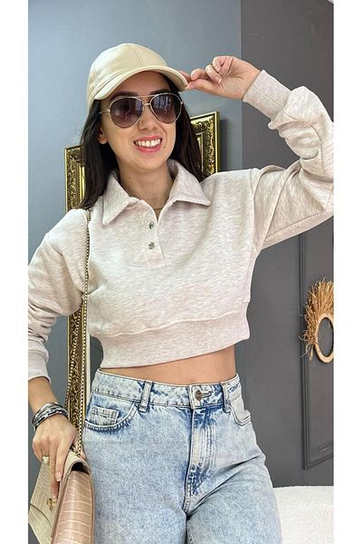 KILIÇ MODA Beige Shirt Collar Long Sleeve Slippers Crop