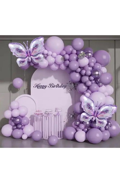 Çemrek Süs Parti Purple Lilac Balloon Chain Set with 101 Balloons Set Butterf...