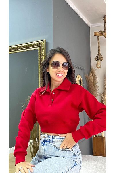 KILIÇ MODA Red Shirt Collar Long Sleeve Slippers Crop
