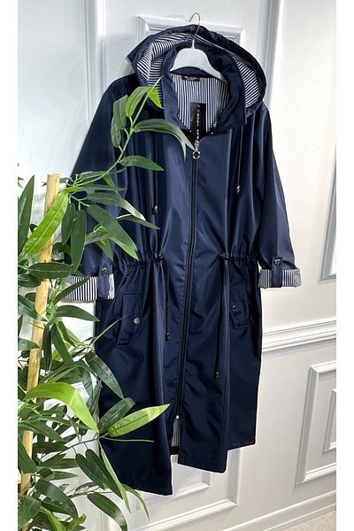 Aşkı Endam Dream Plus Size Αποσπώμενη κουκούλα με ρίγες μεσαίου μήκους Trench - Navy Blue