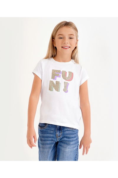 Primo Gino بلوزة بأكمام نصفية مع طبعة نص لامعة - أبيض